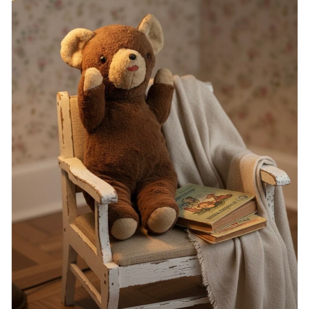 Vintage Teddy Bear Plush Chime Toy-40s-50s-Brown Old Stuffed Animal-Nursery